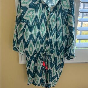 J. Crew Teal and Mint Ikat Print Top